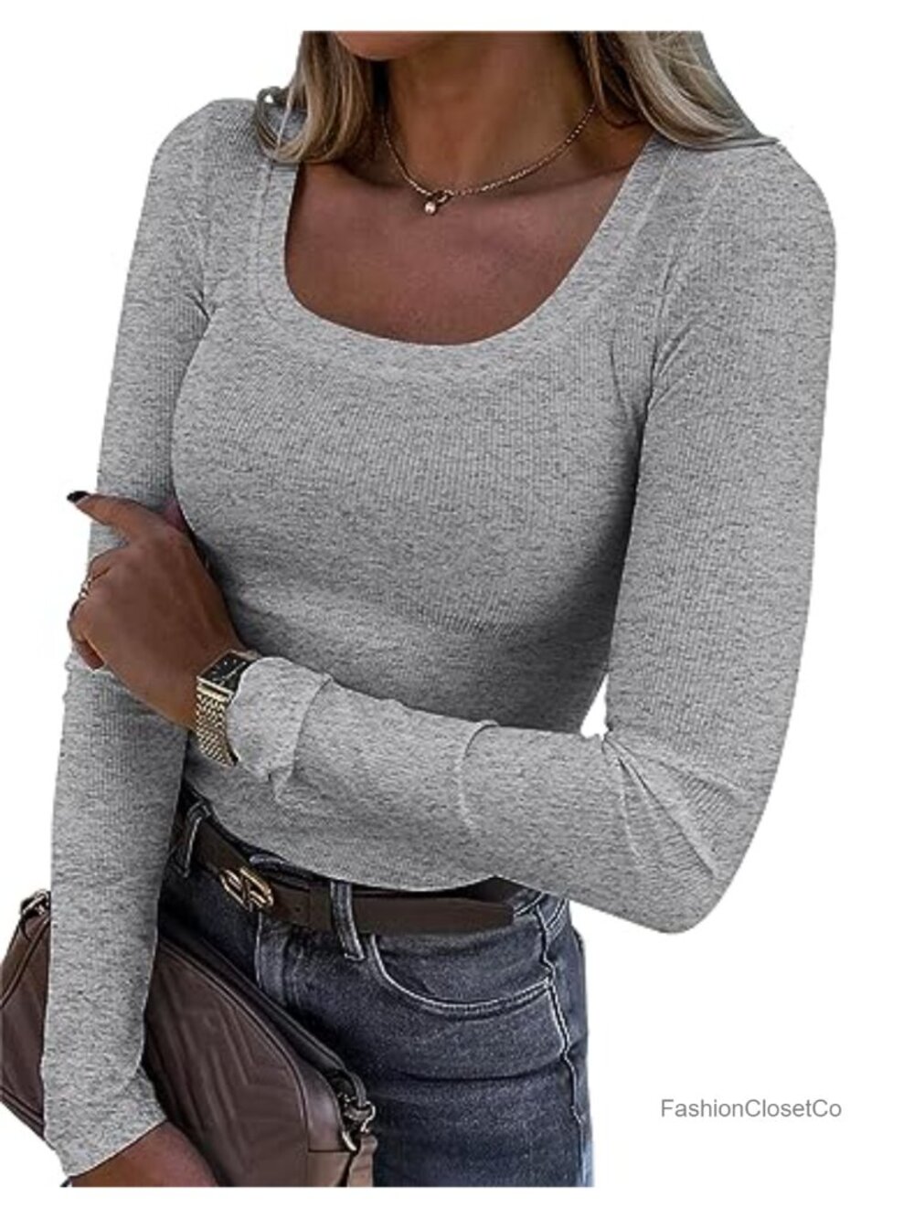 Long Sleeve Scoop Neck Ribbed Knit Fitted Casual T-Shirt Slim Basic Top